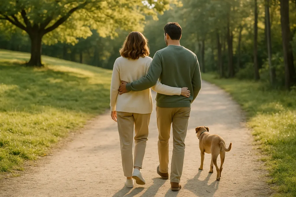 Couple marchant côte à côte dans un parc verdoyant, symbolisant les forces et la complicité possibles dans une relation avec un trouble borderline.