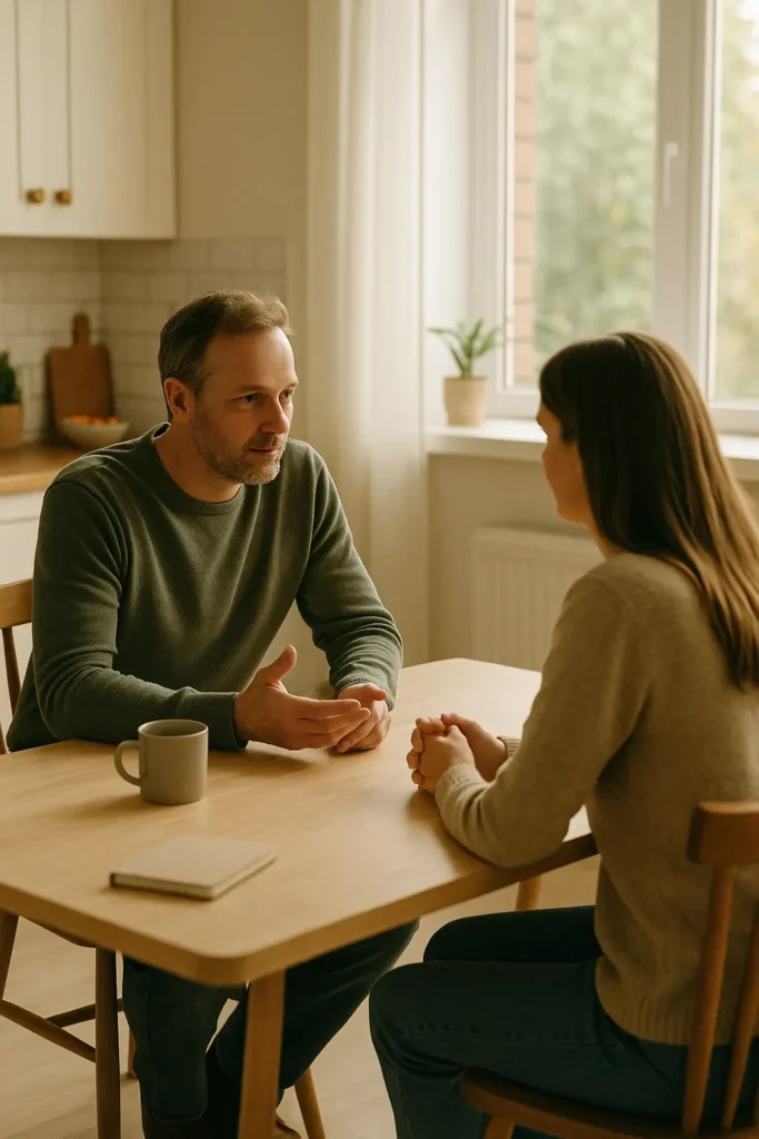  relations familiales et trouble borderline
Deux membres d’une famille discutant calmement à une table, illustrant la communication dans les relations familiales avec une personne borderline