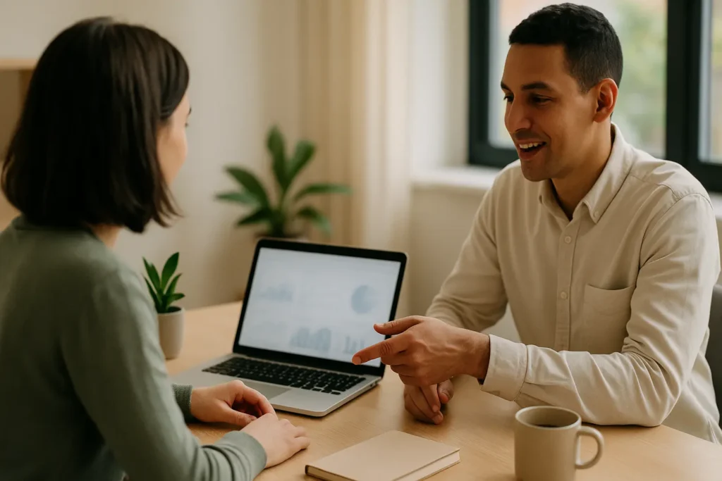 Collègues échangeant sereinement autour d’un ordinateur, illustrant de bonnes relations professionnelles malgré un trouble borderline