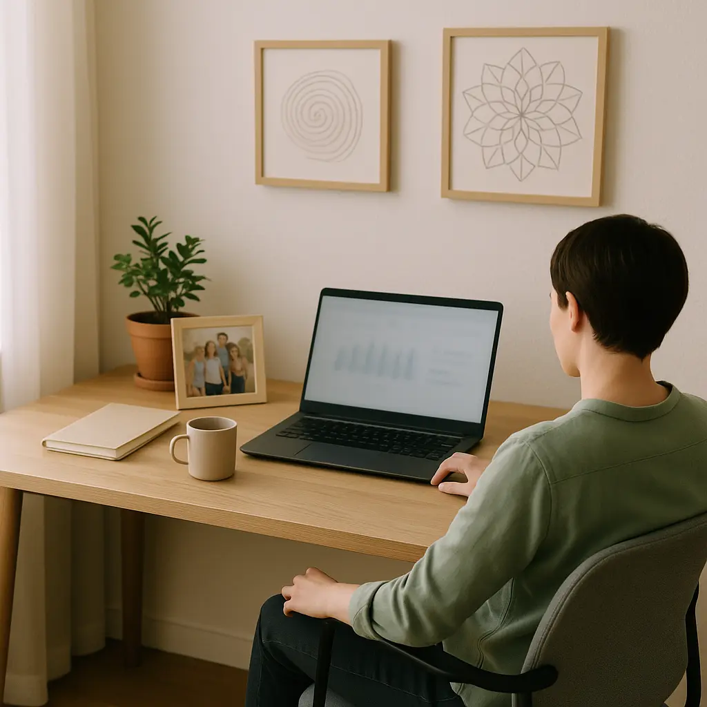 Bureau ergonomique décoré de touches personnelles (photo de famille, dessins zen), exemple d’environnement adapté au trouble borderline