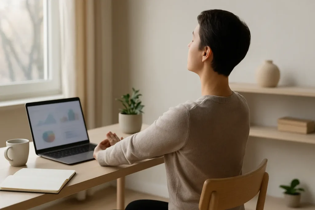 Salariée vue de dos prenant une pause consciente pour gérer ses émotions au travail malgré un trouble borderline