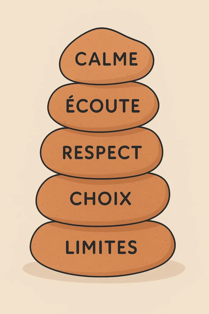 Illustration de cinq pierres gravées avec les mots : calme, écoute, respect, choix et limites