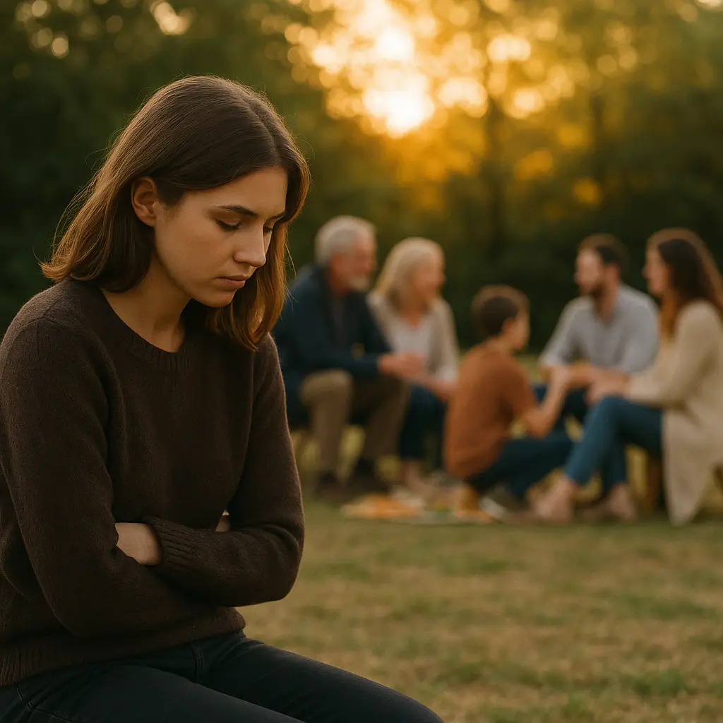 un femme seul a l'écart de la famille représentant la solitude d'une personne borderline même en famille