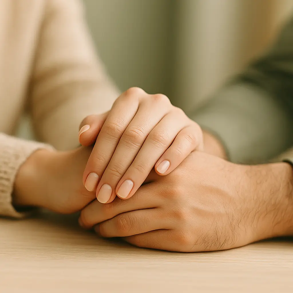 Trouble borderline dans le couple
Photo carrée de deux mains qui se tiennent doucement, symbole de soutien et de complicité dans un couple concerné par le trouble borderlin
