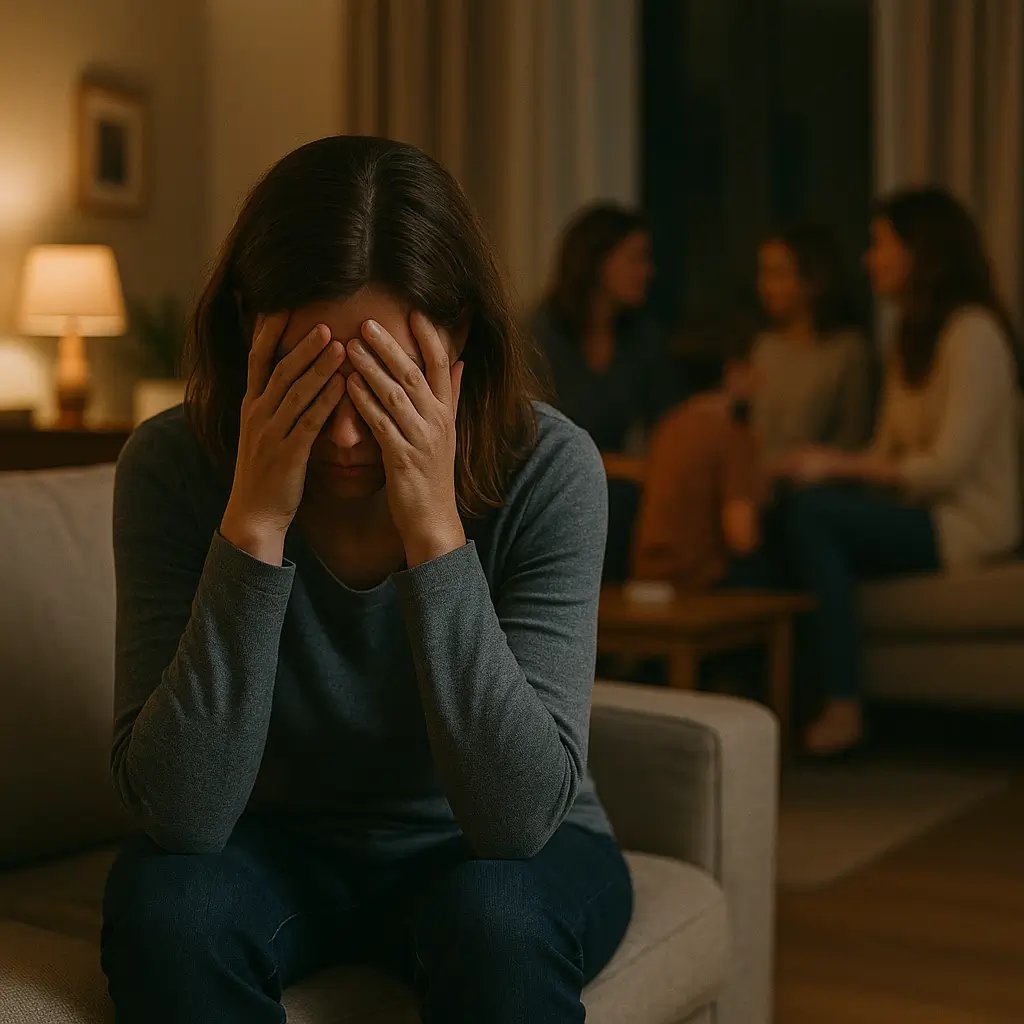 Femme isolée au sein de sa famille dans un salon, illustrant les effets du trouble borderline sur les relations familiales