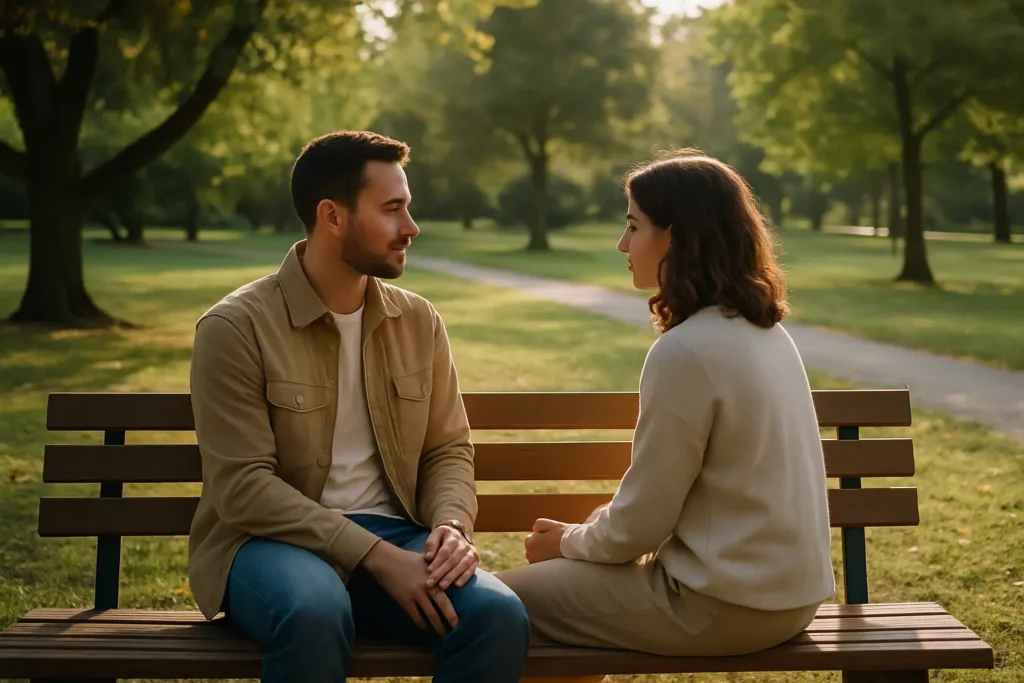 Photo d’un couple vu de dos, assis sur un banc dans un parc ensoleillé, discutant calmement — illustration des impacts du trouble borderline sur la relation de couple