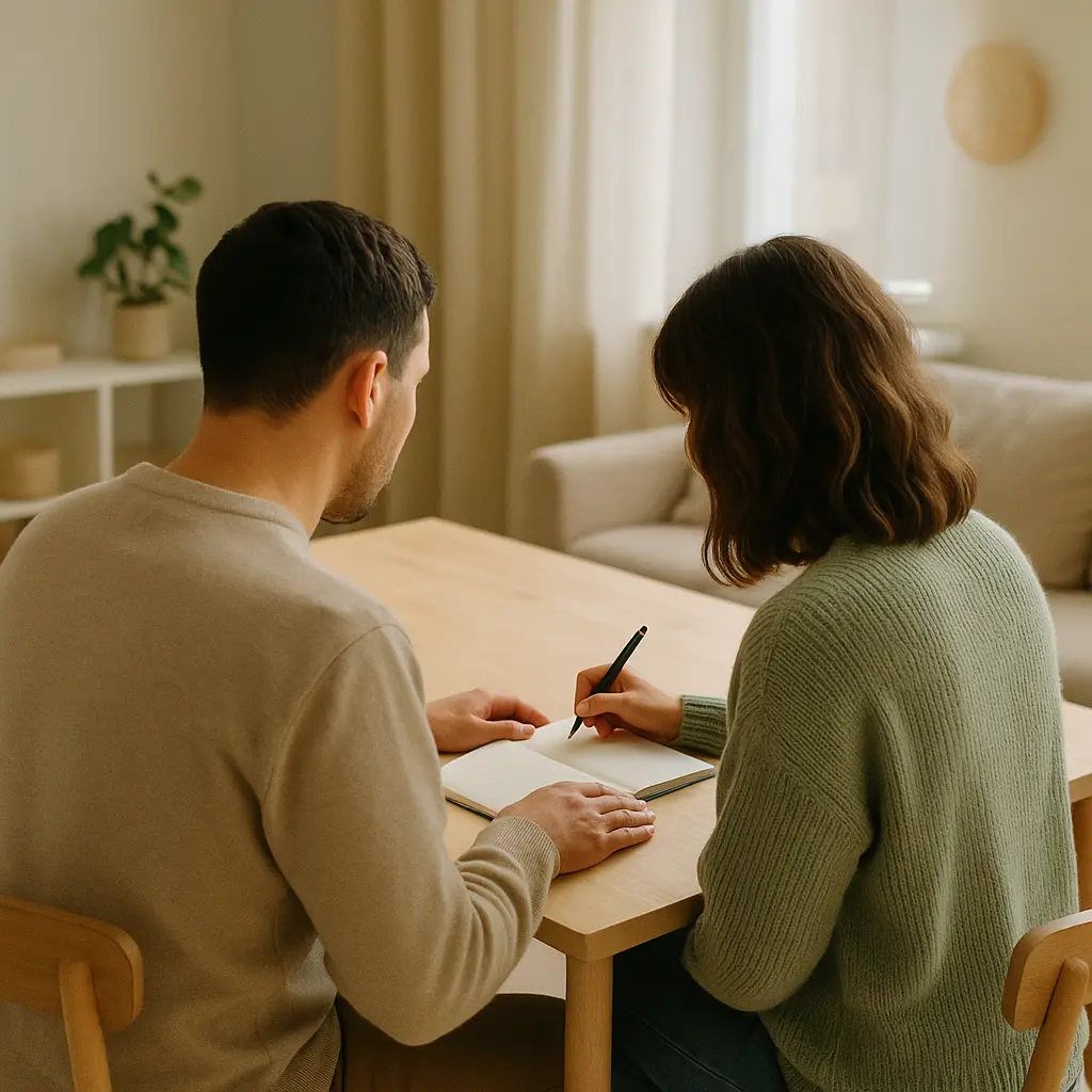 Photo carrée d’un couple planifiant calmement autour d’une table, illustrant les bonnes pratiques pour préserver l’équilibre dans un couple avec un trouble borderline