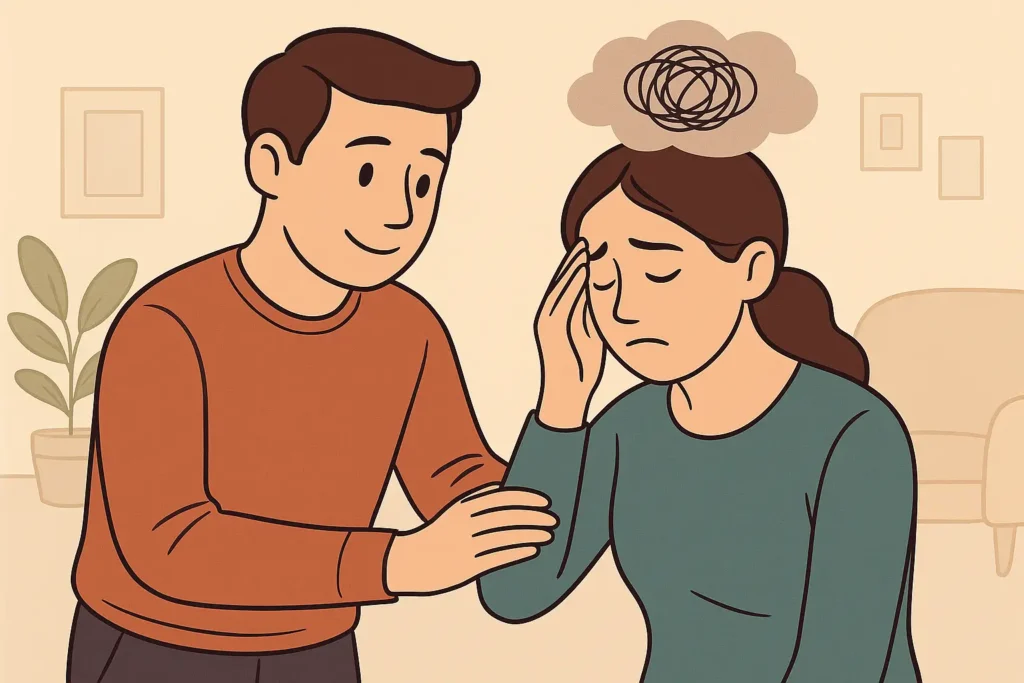 Illustration sans texte représentant un homme qui réconforte une femme anxieuse — aider un proche borderline à gérer son anxiété