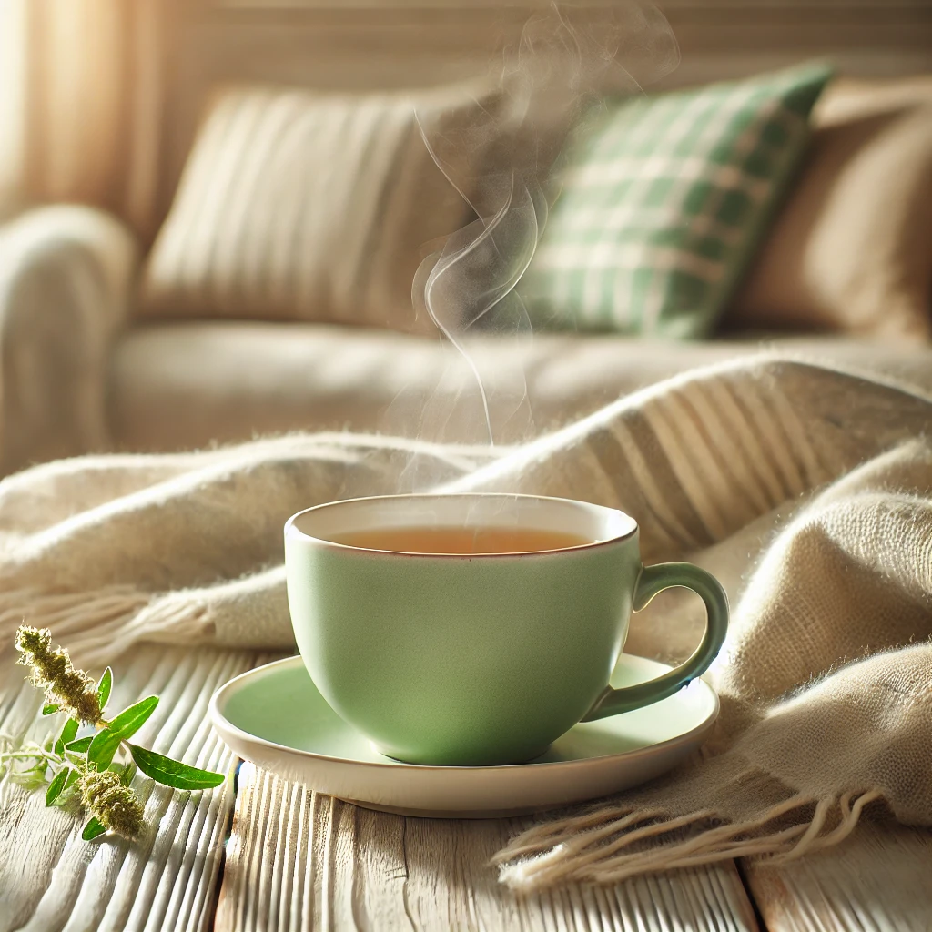 Tasse de tisane et plaid évoquant de bonnes habitudes de vie contre l’anxiété et le trouble borderline