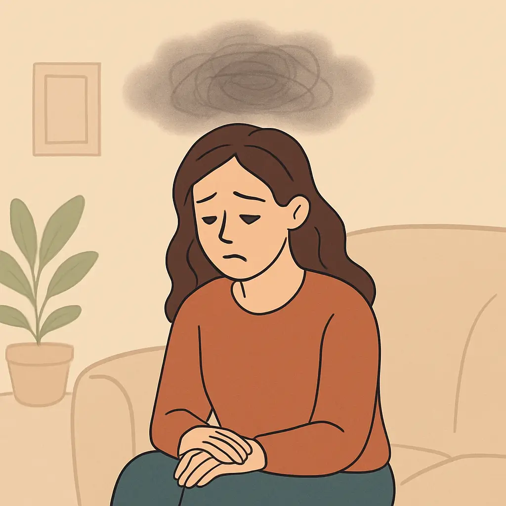 Une femme assise seule, l'air perdue, dans une pièce calme. Ses émotions sont confuses. L’arrière-plan est minimaliste, un peu flou, et au-dessus de sa tête, un nuage de brouillard ou un tourbillon symbolique.