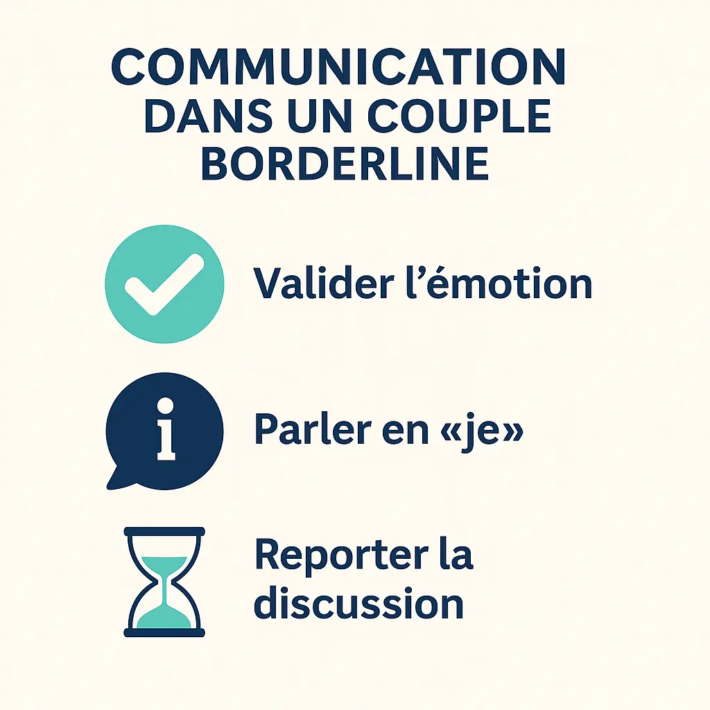 Infographie communication dans un couple borderline avec 3 clés : valider l’émotion, parler en je, reporter la discussion.