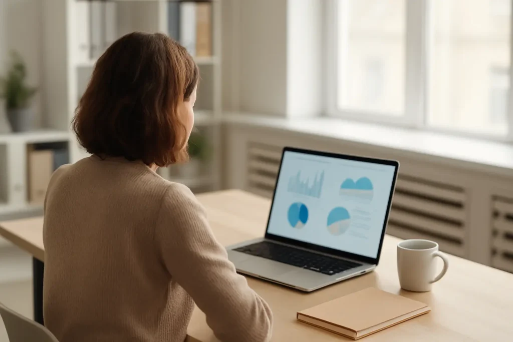 Employée vue de dos travaillant calmement sur un ordinateur, illustration de l’impact du trouble borderline au travail