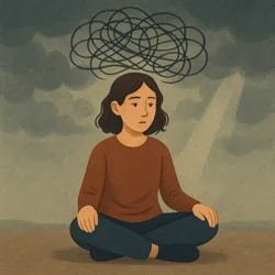 Illustration d'une femme envahie par ses pensées anxieuses, style doux et symbolique