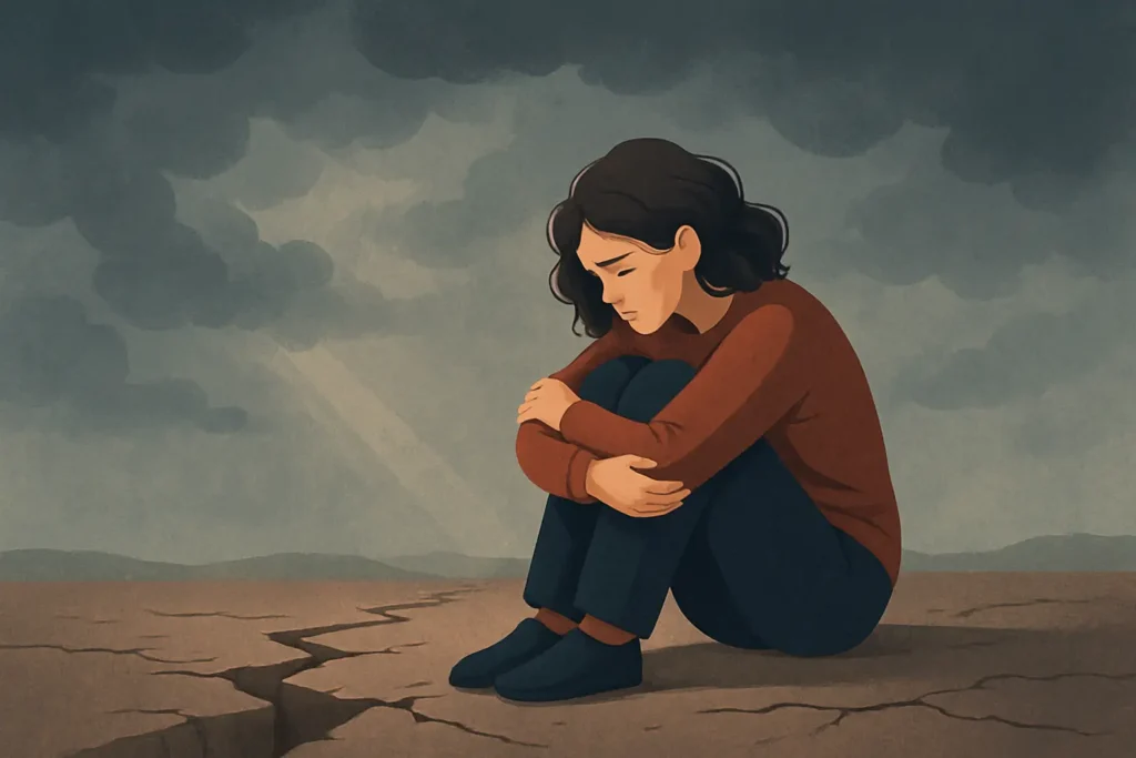 Jeune femme assise seule dans une pièce sombre avec une lumière douce entrant par la fenêtre, illustrant l anxiété chez les personnes borderline