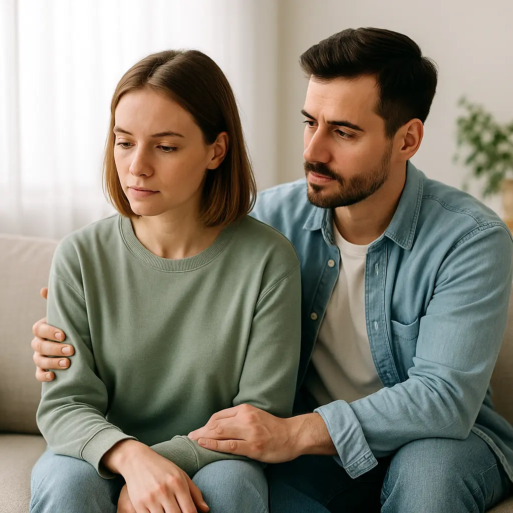 Couple avec un partenaire borderline assis ensemble, ambiance douce et lumineuse, symbole de soutien et d’espoir.