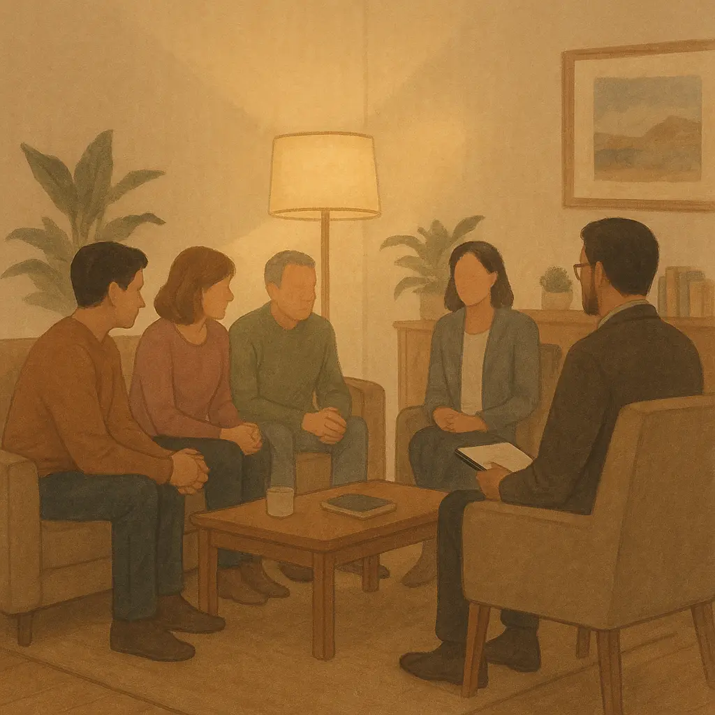 Famille en consultation avec un thérapeute, représentant l’aide extérieure dans les relations familiales avec le trouble borderline