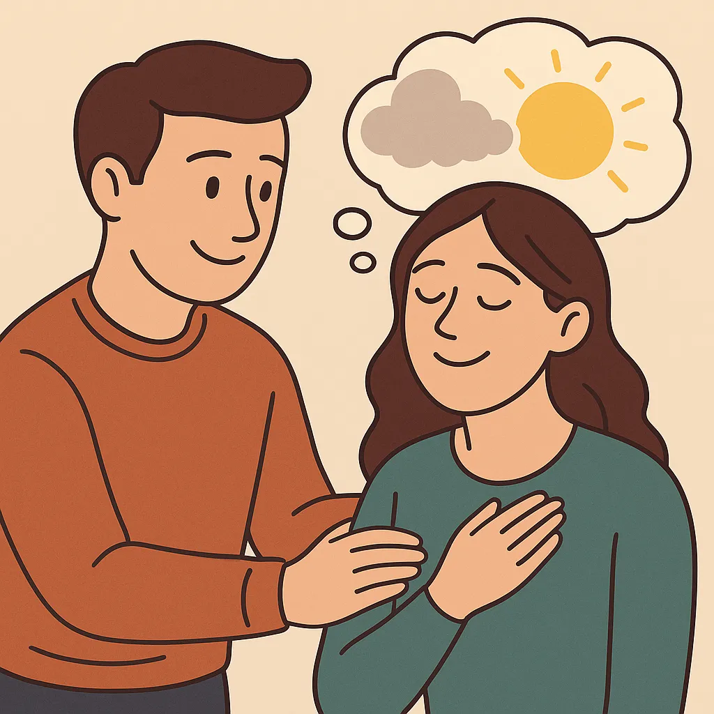 Une personne borderline réconfortée, avec une expression apaisée, un soleil apparaissant dans le fond comme symbole d’espoir et de sérénité retrouvée.