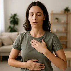 Femme borderline pratiquant une respiration consciente dans un salon paisible, illustrant une méthode pour apaiser l’anxiété.