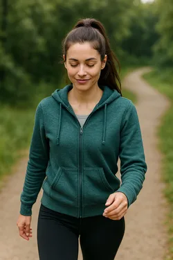 Jeune femme borderline marchant en forêt pour apaiser son anxiété grâce au mouvement doux.