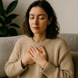 Jeune femme borderline se recentrant sur elle-même dans un moment calme d’auto-compassion.