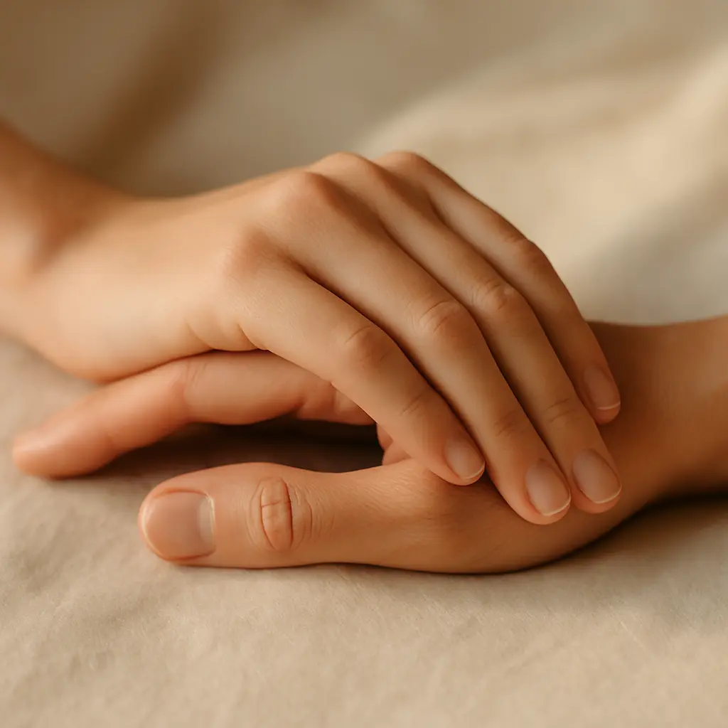 Deux mains humaines naturelles posées l’une sur l’autre