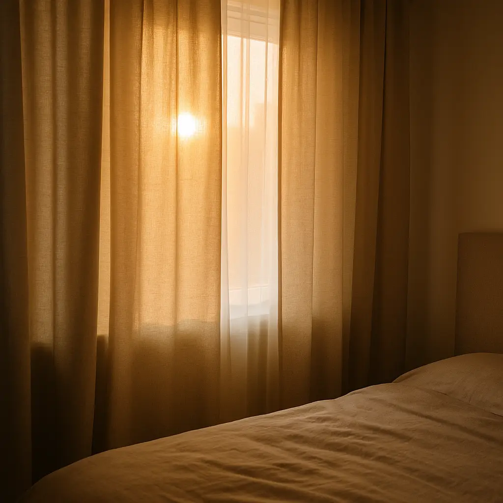 Lumière douce traversant des rideaux, symbole de guérison et de sécurité intérieure retrouvée