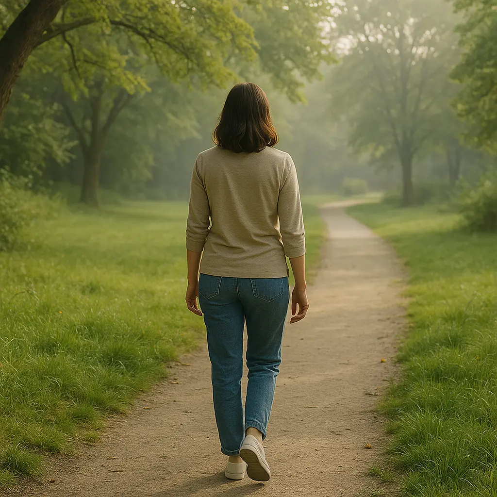 Marche solitaire dans un parc pour apaiser les émotions après une crise.