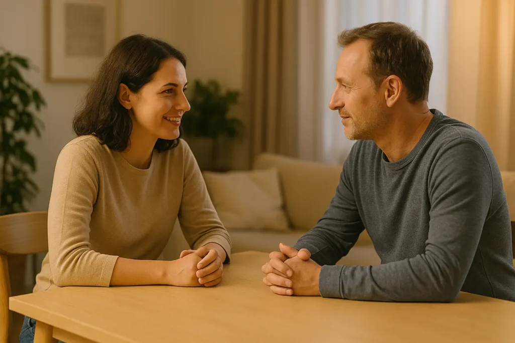 Deux personnes discutant sereinement après un conflit, symbole de communication apaisée.