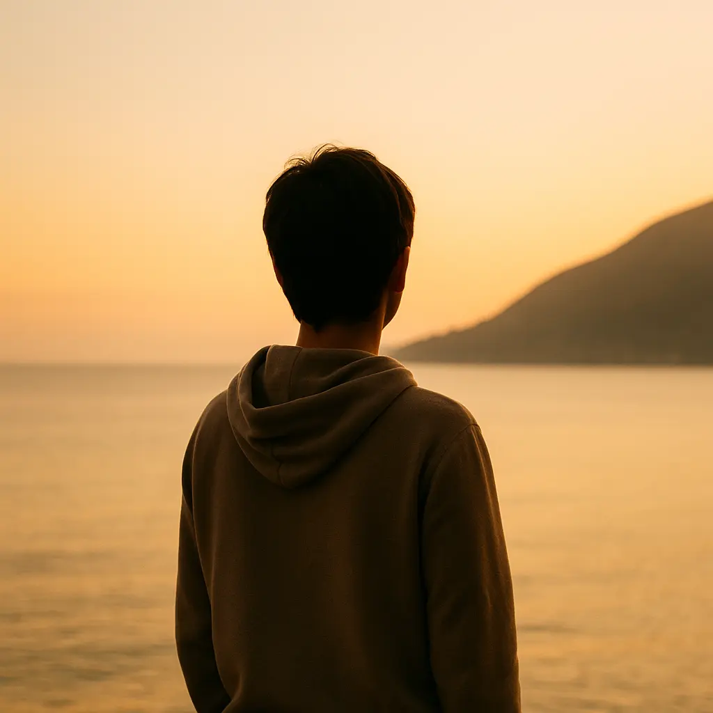 Personne contemplant un paysage calme, symbole d’acceptation et de sérénité.