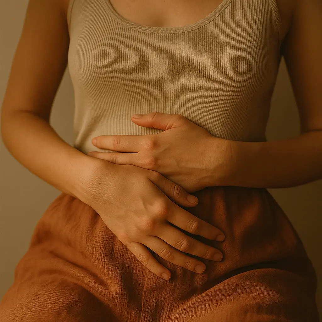 Mains posées sur le ventre dans une lumière douce, ambiance paisible, couleur crème et terracotta, format carré.
