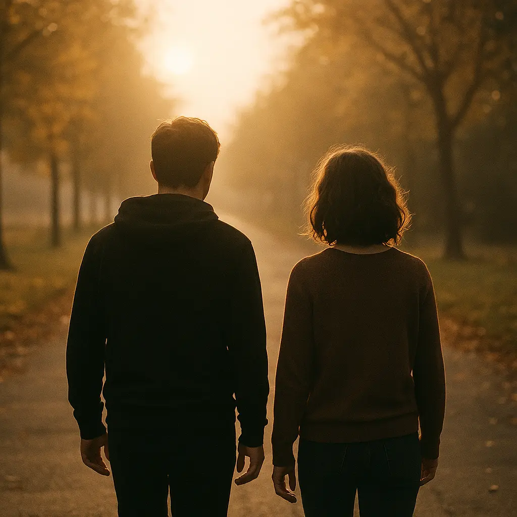 Deux personnes marchant ensemble à distance, symbolisant la peur de la séparation
