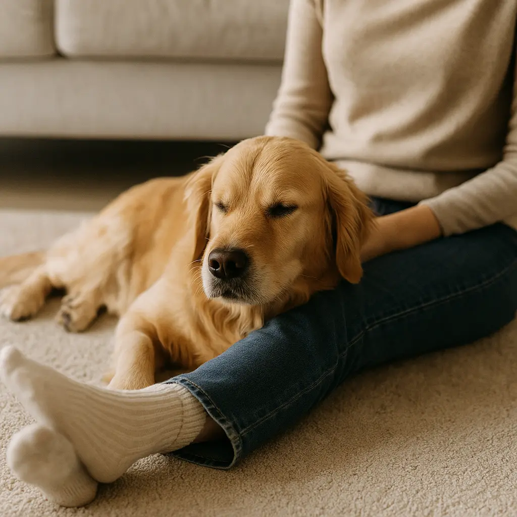 chien allonger sur jambe