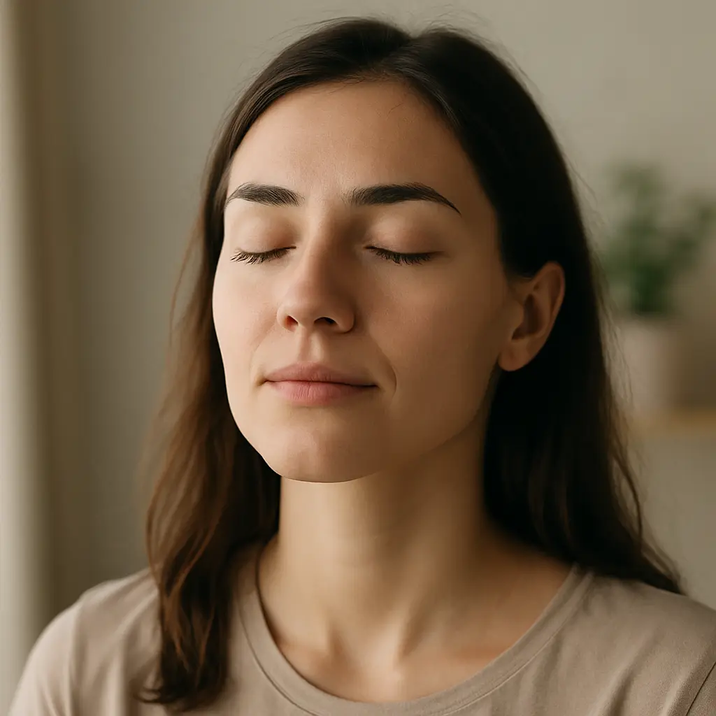 Personne respirant profondément pour retrouver son calme après une crise émotionnelle.