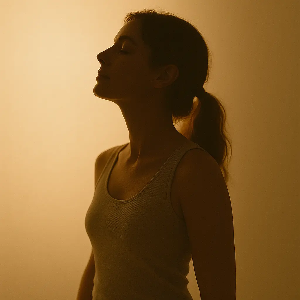 Silhouette féminine apaisée, lumière dorée en fond, posture ouverte et calme