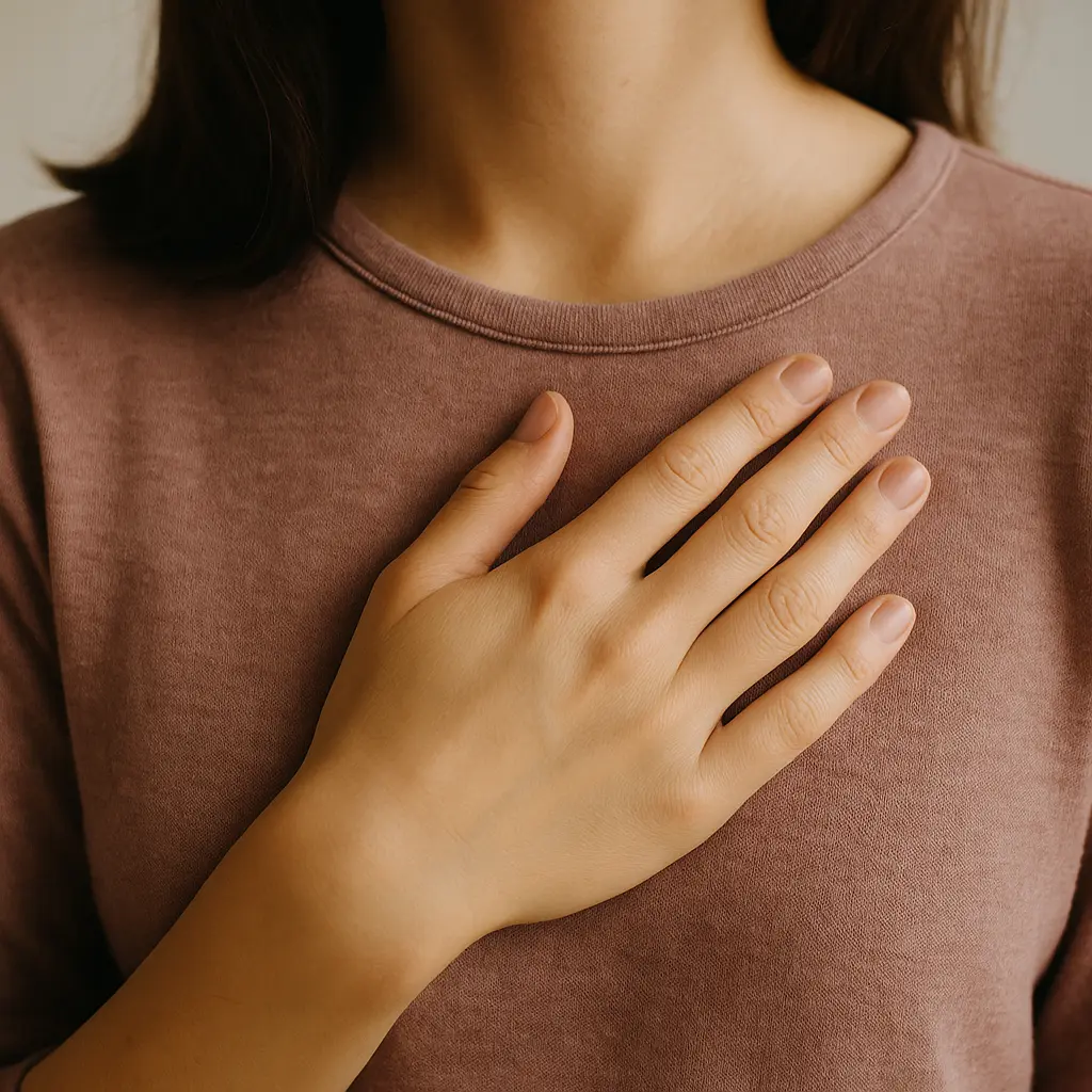 Main posée sur le cœur, illustrant le retour à soi et l’apaisement émotionnel.