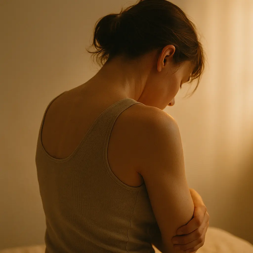 Silhouette féminine de dos, posture défensive, lumière dorée, fond flou beige, ambiance émotionnelle, format carré.