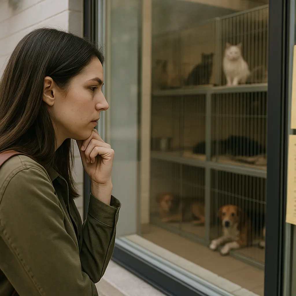 femme devant vitrine animaux
