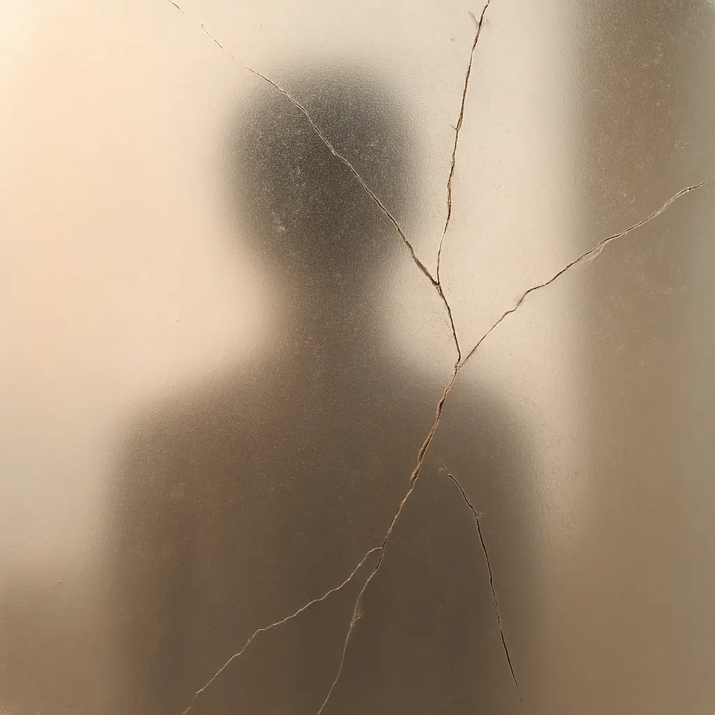 Silhouette floue derrière une vitre fissurée, symbole du vide intérieur et des blessures émotionnelles chez les personnes borderline.