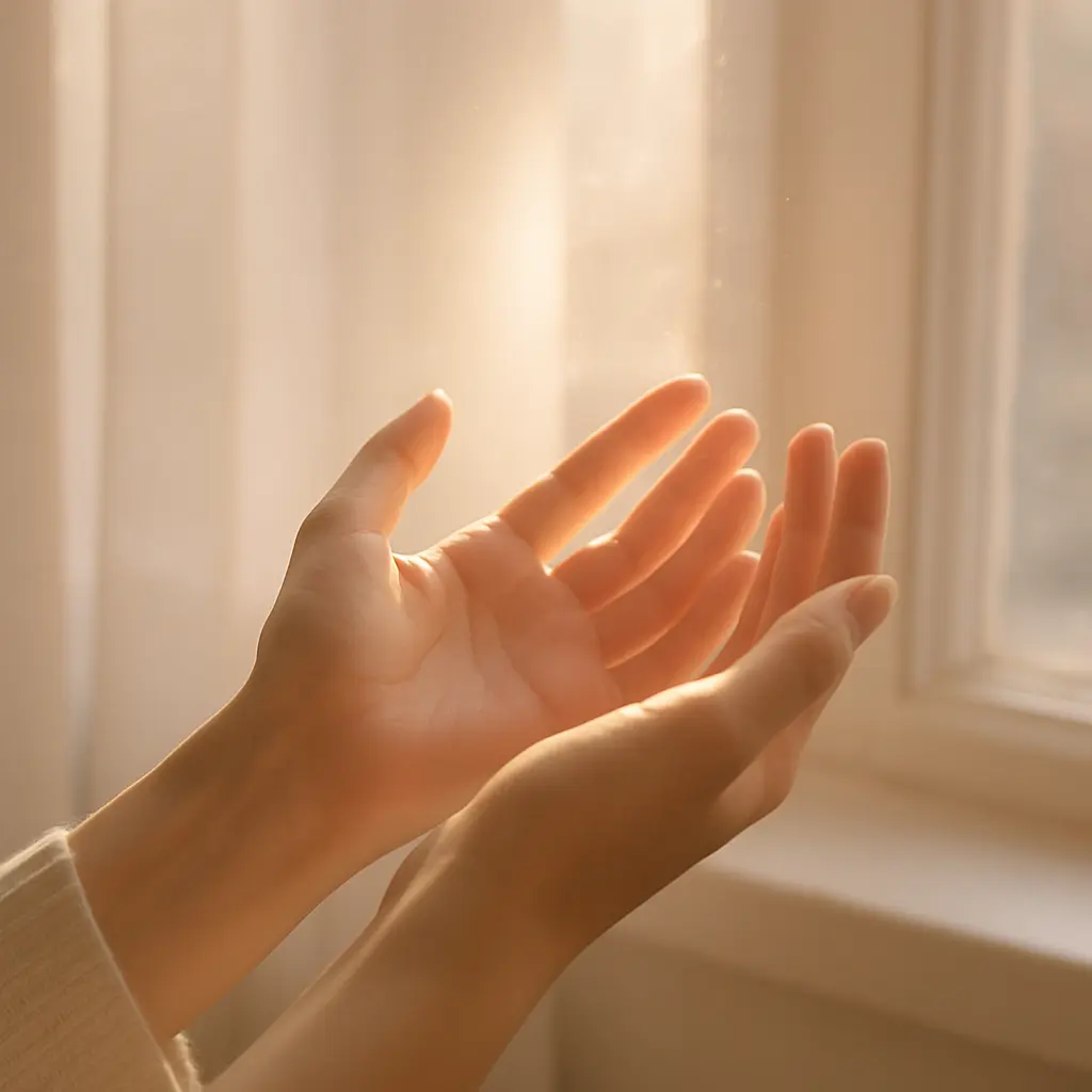 Mains ouvertes recevant la lumière du matin, symbole d’apaisement et de guérison intérieure