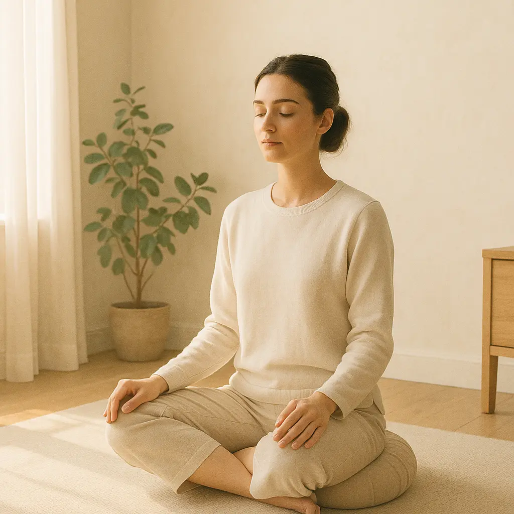 femme assise sur un coussin de méditation dans un intérieur clair