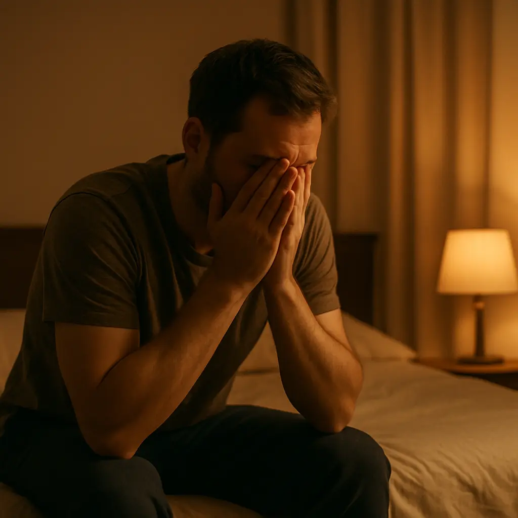 Photo réaliste au format carré d’une personne assise au bord de son lit