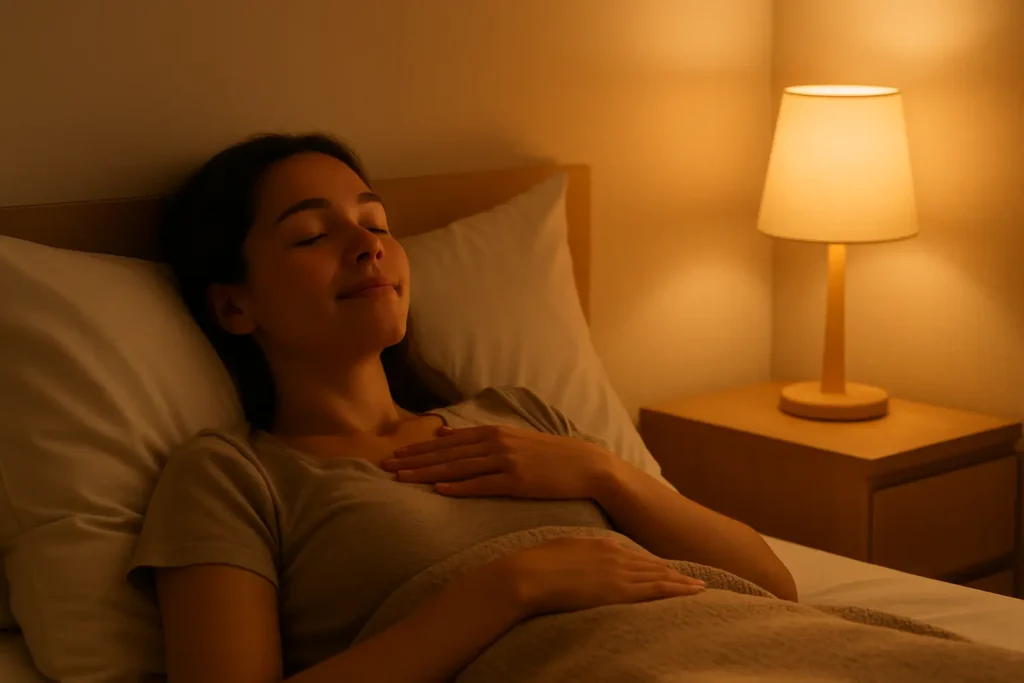 femme allongée paisiblement avec une main sur la poitrine