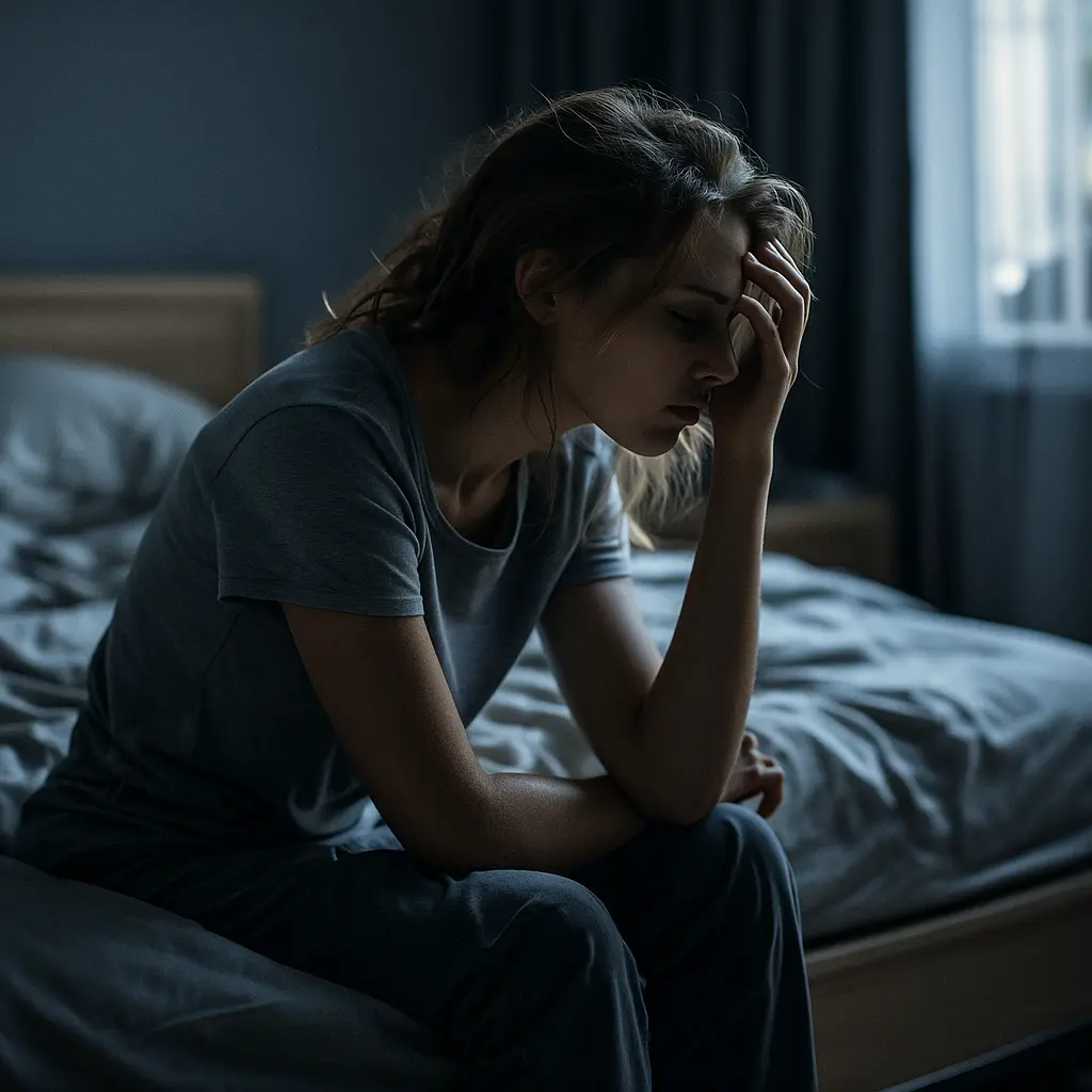 Femme assise au bord de son lit le matin, la tête dans la main, visiblement épuisée et émotionnellement dépassée, dans une chambre sombre.