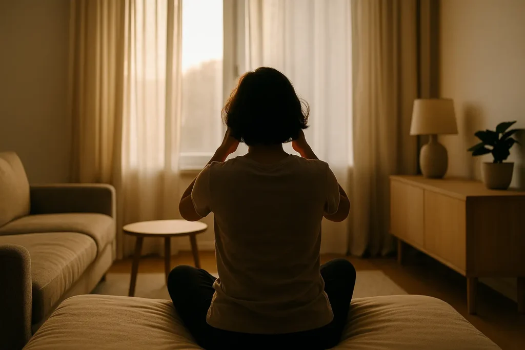 Une personne assise en tailleur sur un tapis