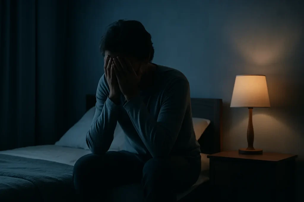 une silhouette assise sur le bord du lit, les mains sur le visage, posture montrant la fatigue et l’hyperactivation émotionnelle