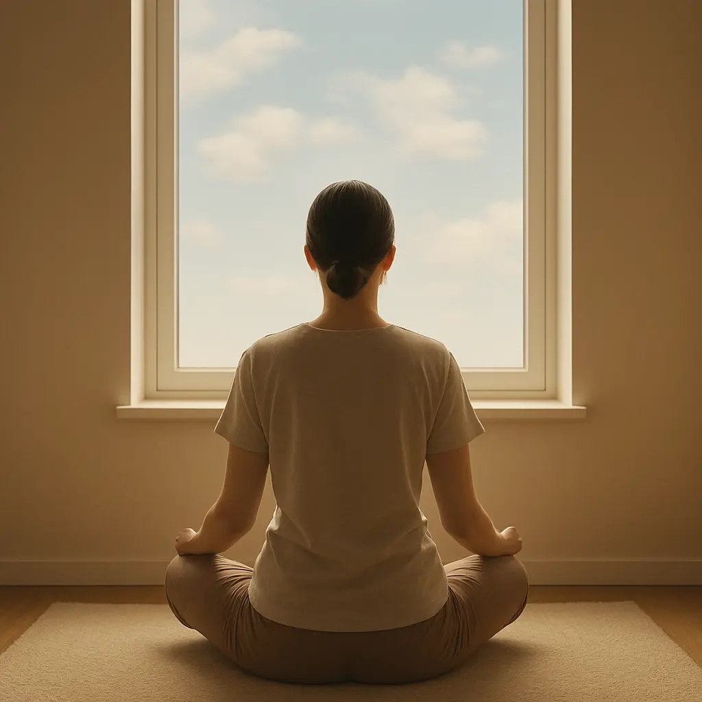 une personne assise en méditation sur un tapis, regard tourné vers une fenêtre