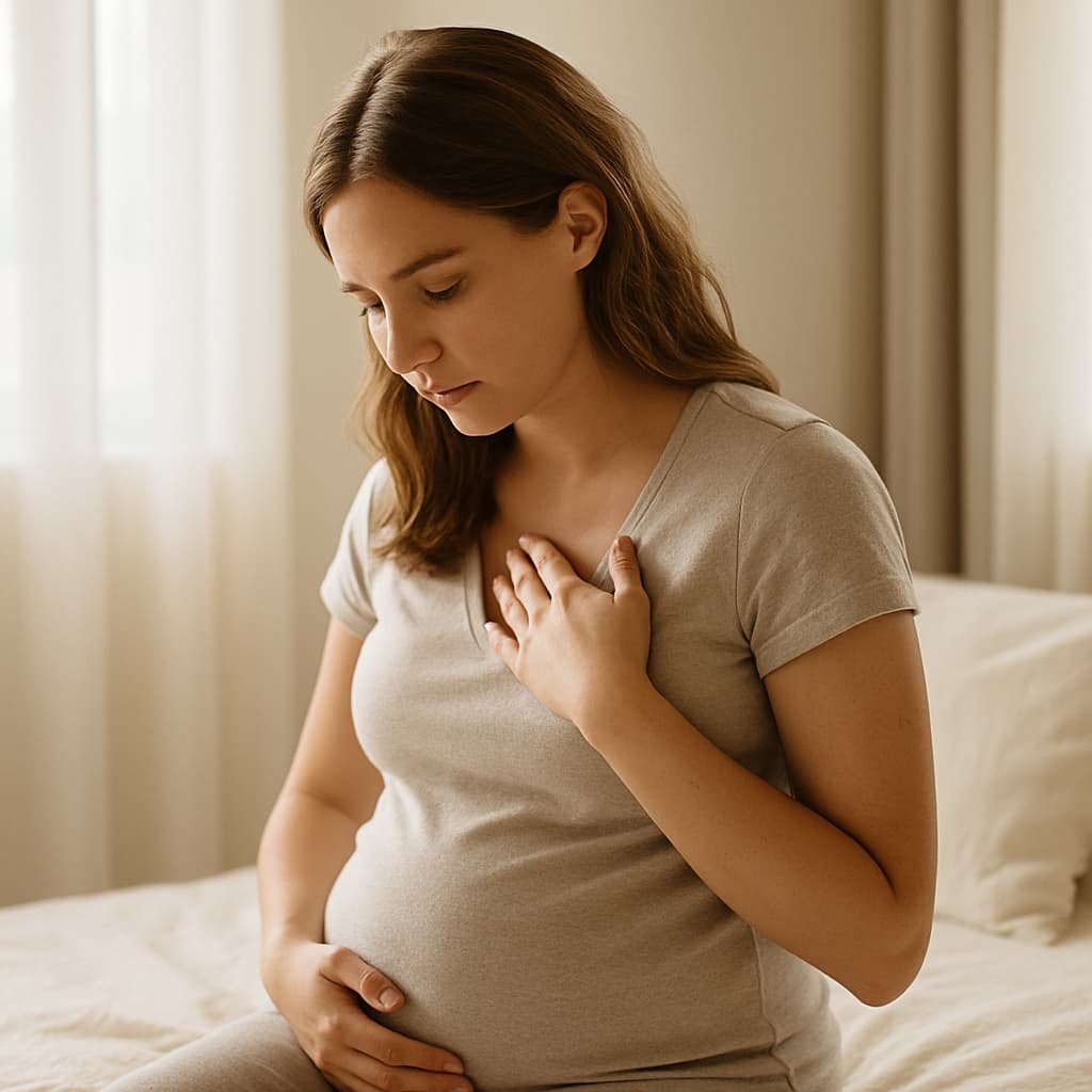 Photographie réaliste d’une femme enceinte pensive