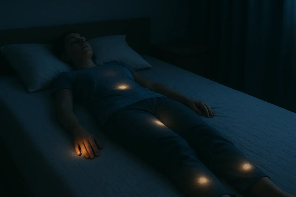 Personne allongée sur un lit, vue légèrement de dessus. De petites zones lumineuses douces mettent en valeur différentes parties du corps