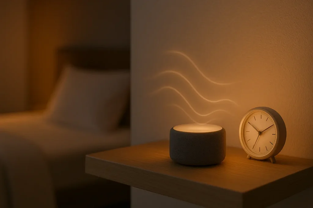 able de chevet minimaliste avec une machine de bruit blanc et une petite horloge lumineuse