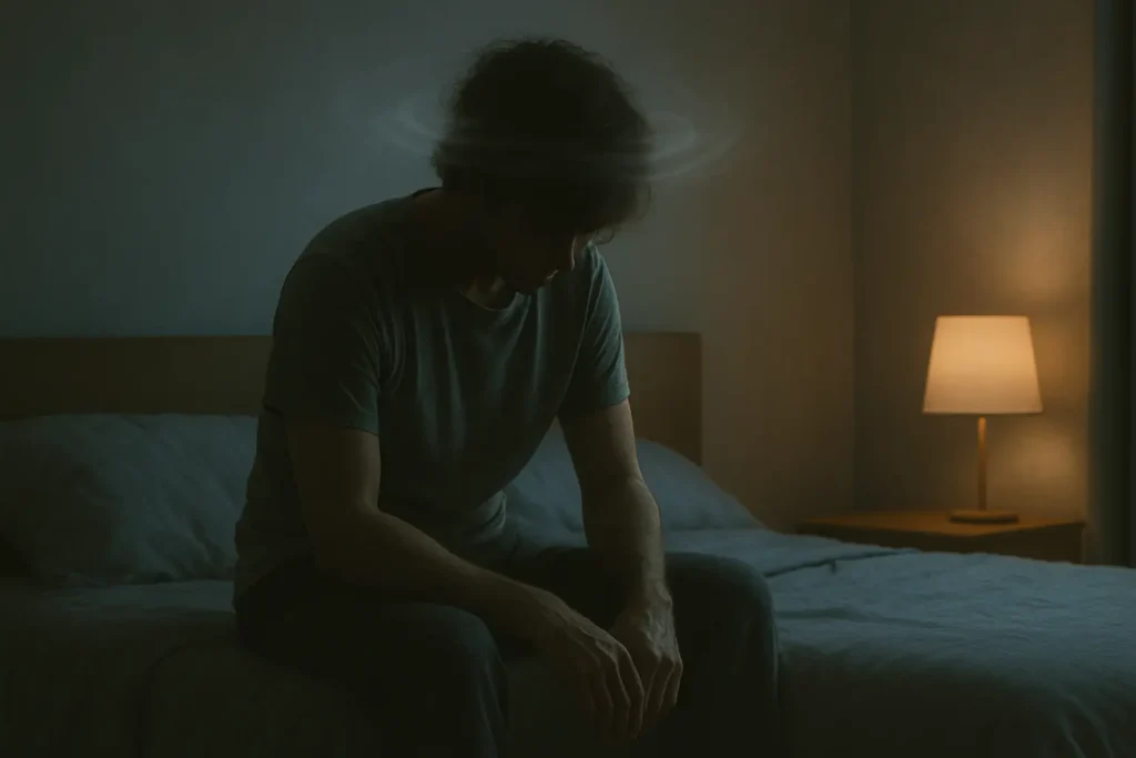 Personne assise sur le bord du lit, penchée légèrement en avant, mains posées sur les cuisses, respiration lente